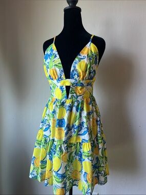 SHEIN Yellow Blue Green Lemon Print Maxi Dress